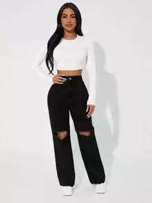SHEIN PETITE Quần jean nữ Nút Cắt ra Dây kéo màu trơn - màu đen - Xem 4