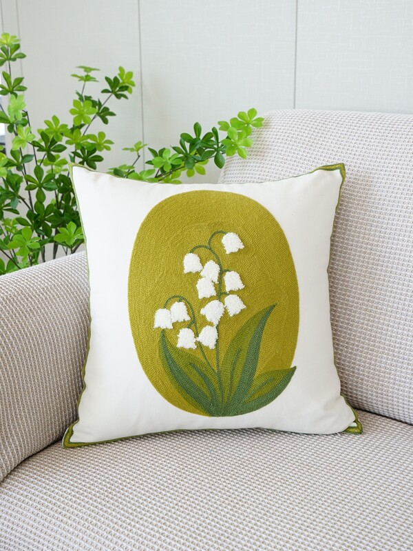 1pc Floral Embroidered Decorative Throw Pillow Case, Canvas Cushion