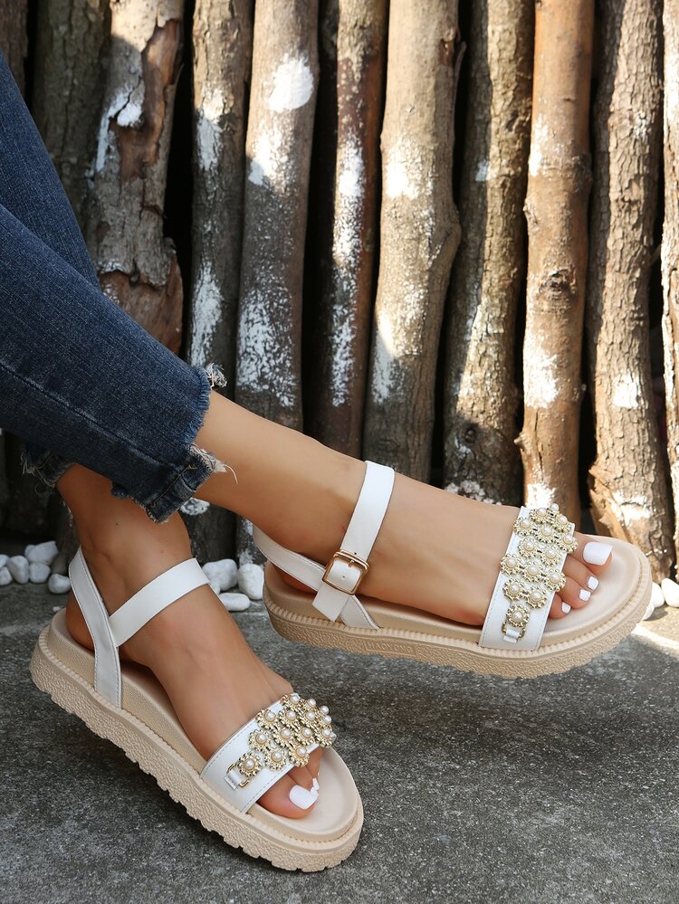 Women Rhinestone & Faux Pearls Decor Ankle Strap Flatform Sandals, Fashion Summer Sandals - White - View 5