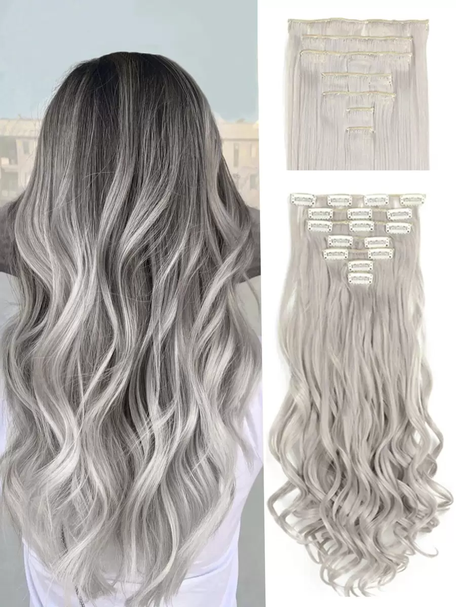 Clip In Hair Extensions 4PCS Highlight Hair Piece Long Wavy Clip In Extensions Full Head Synthetic Fiber Hairpieces For Women - Grey - View 1