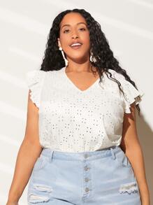 SHEIN CURVE+ Camiseta con bordado con ojal de manga mariposa - Blanco - Ver 1