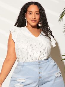 SHEIN CURVE+ Camiseta con bordado con ojal de manga mariposa - Blanco - Ver 5