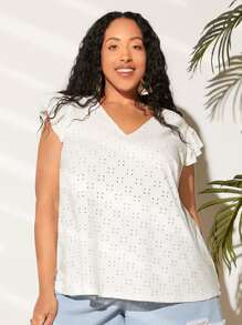 SHEIN CURVE+ Camiseta con bordado con ojal de manga mariposa - Blanco - Ver 6