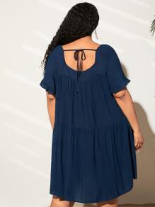 SHEIN CURVE+ Plus Solid Ruffle Hem Smock Dress - Navy Blue - View 2