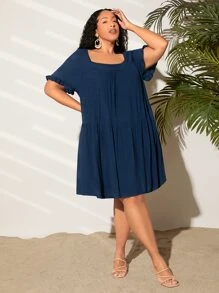 SHEIN CURVE+ Plus Solid Ruffle Hem Smock Dress - Navy Blue - View 3