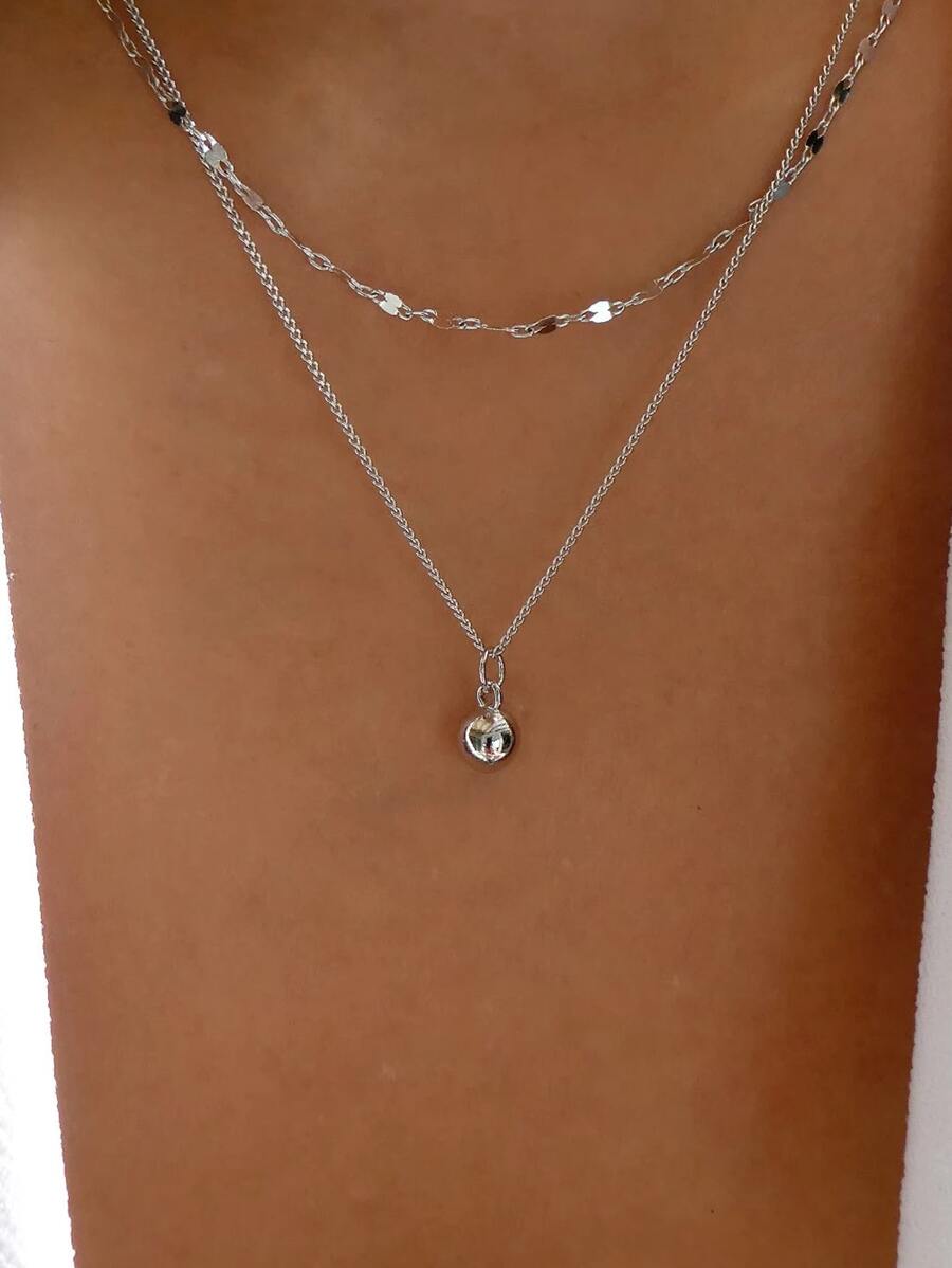 1入組時尚鋅合金球吊墜多層次項鍊適合女士日常裝飾 - 銀色 - 查看 1