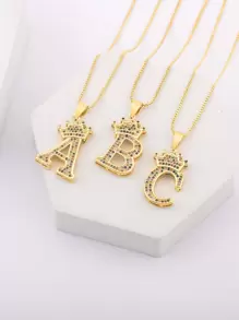 Cubic Zirconia Decor Letter & Crown Charm Necklace - Yellow Gold - View 1