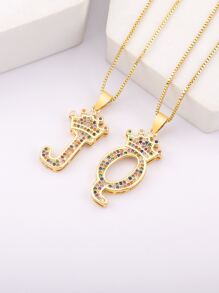 Cubic Zirconia Decor Letter & Crown Charm Necklace - Yellow Gold - View 4