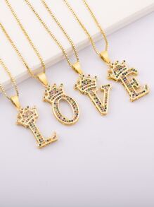 Cubic Zirconia Decor Letter & Crown Charm Necklace - Yellow Gold - View 5