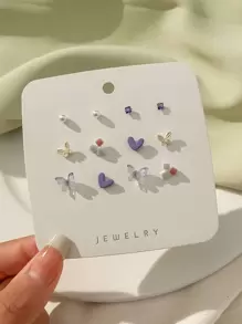 6對/套蝴蝶和心耳釘 - 彩色 - 查看 1