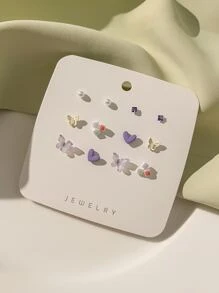 6對/套蝴蝶和心耳釘 - 彩色 - 查看 2
