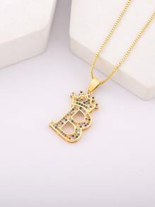 Cubic Zirconia Decor Letter & Crown Charm Necklace - Yellow Gold - View 11