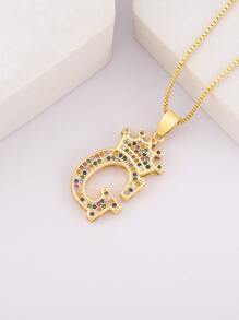 Cubic Zirconia Decor Letter & Crown Charm Necklace - Yellow Gold - View 12