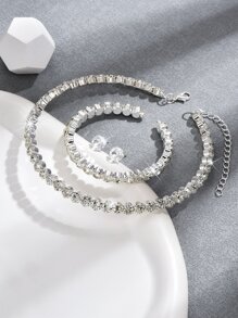 時尚奢華水鑽裝飾頸鏈和手鐲 - 銀色 - 查看 2