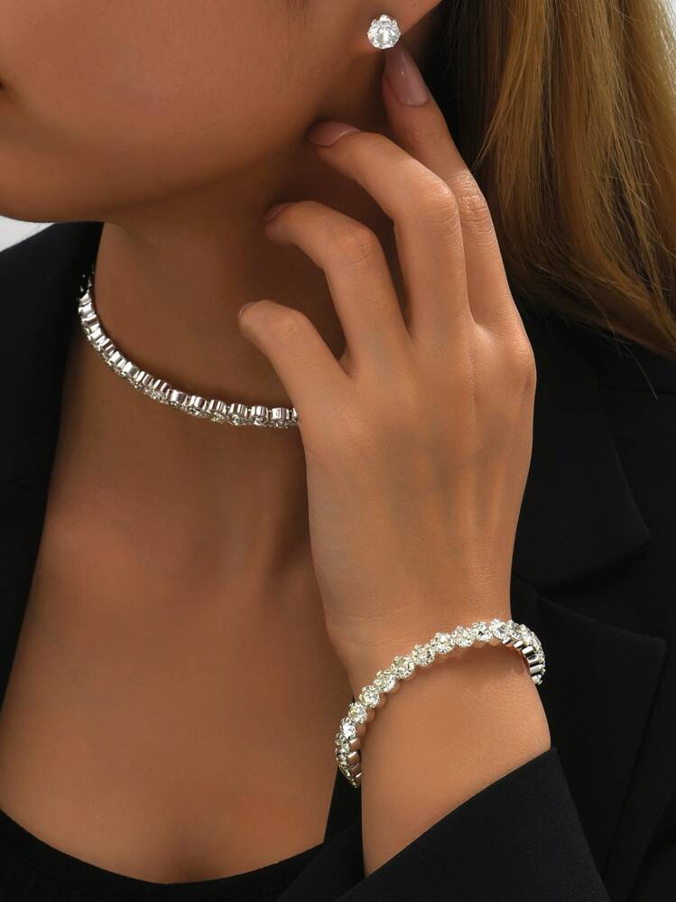 Fashion Luxury Rhinestone Decor Choker & Bracelet - Silver - View 5