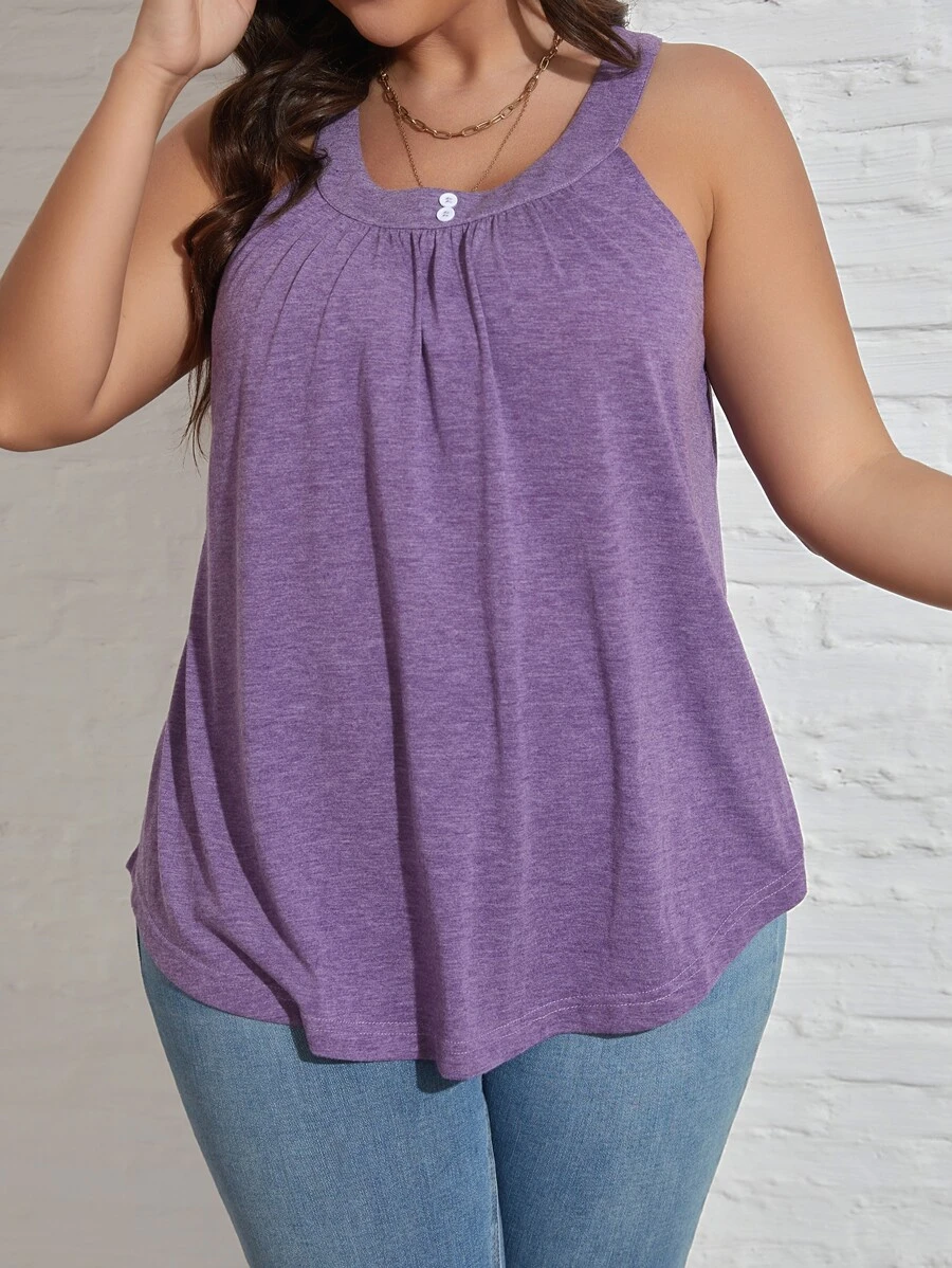 SHEIN LUNE Plus Solid Button Detail Tank Top - Purple - View 1