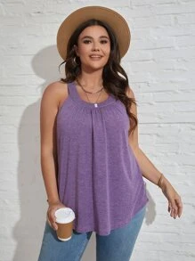 SHEIN LUNE Plus Solid Button Detail Tank Top - Purple - View 2