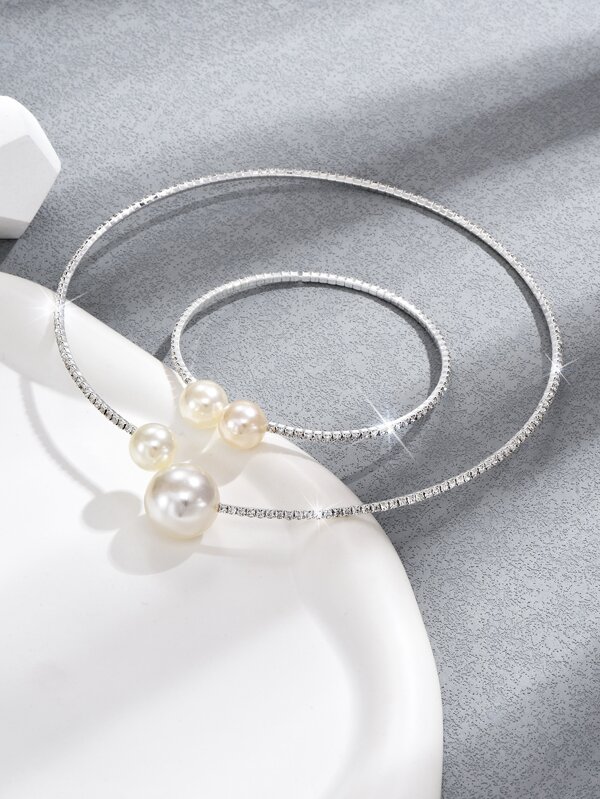 2pcs/set Elegant Faux Pearl Decor Necklace & Cuff Bangle For Women For