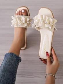 Fashion Beige Slide Sandals For Women, Faux Pearl Decor Ruffle Detail Sandals Valentines