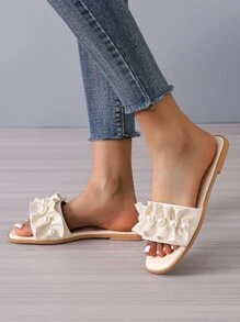 Fashion Beige Slide Sandals For Women, Faux Pearl Decor Ruffle Detail Sandals Valentines