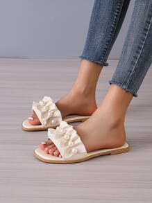 Fashion Beige Slide Sandals For Women, Faux Pearl Decor Ruffle Detail Sandals Valentines