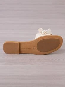 Fashion Beige Slide Sandals For Women, Faux Pearl Decor Ruffle Detail Sandals Valentines