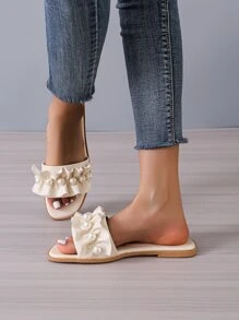 Fashion Beige Slide Sandals For Women, Faux Pearl Decor Ruffle Detail Sandals Valentines