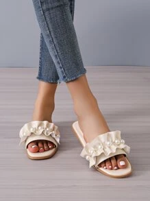 Fashion Beige Slide Sandals For Women, Faux Pearl Decor Ruffle Detail Sandals Valentines