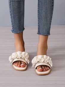 Fashion Beige Slide Sandals For Women, Faux Pearl Decor Ruffle Detail Sandals Valentines