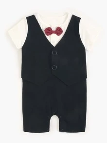 Áo liền quần 2 trong 1 ngắn tay dễ thương cho bé trai phong cách quý ông, thích hợp cho các bữa tiệc, biểu diễn, đám cưới, sinh nhật và mùa hè - Đen và trắng - Xem 4
