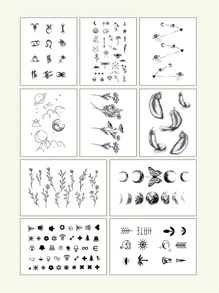 10張花卉圖案和月亮印花紋身貼紙 - 黑色 - 查看 1