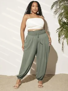 SHEIN CURVE+ Quần Plus Size Thắt nút Dải chun Quần paper-bag màu trơn Giải trí - Màu xanh Bạc hà - Xem 4