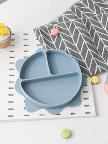 1pc Silicone Plate, Solid Floral Shaped 3-grid Food Plate For Kitchen - Baby Blue - View 1