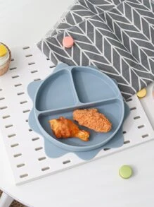 1pc Silicone Plate, Solid Floral Shaped 3-grid Food Plate For Kitchen - Baby Blue - View 3