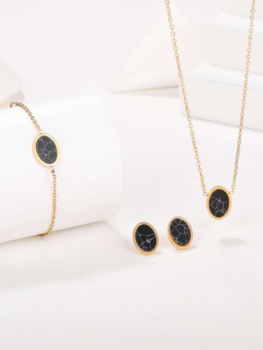 4入組/套優雅黑色大理石紋樣式吊墜項鍊和手鐲和耳釘適用於女士適用於約會禮物