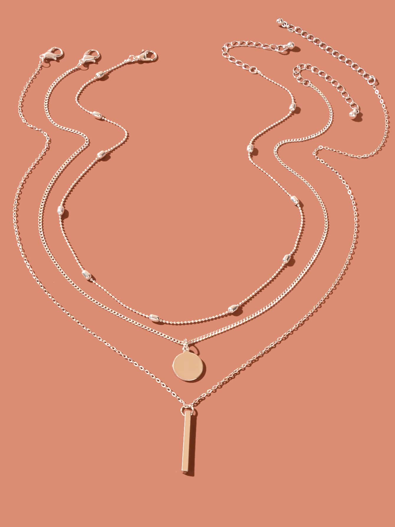 3pcs/set Disc & Rectangle Charm Necklace - Silver - View 1