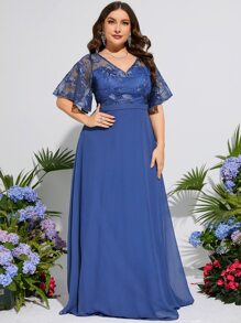 Plus Embroidery Mesh Butterfly Sleeve Bridesmaid Dress - Dusty Blue - View 1