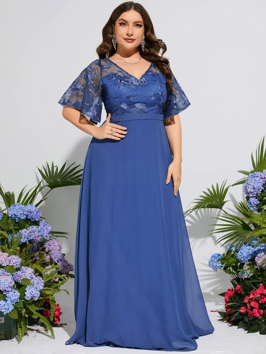 Plus Embroidery Mesh Butterfly Sleeve Bridesmaid Dress - Dusty Blue - View 1