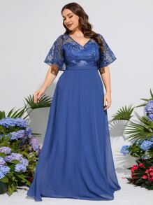 Plus Embroidery Mesh Butterfly Sleeve Bridesmaid Dress - Dusty Blue - View 3