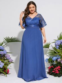 Plus Embroidery Mesh Butterfly Sleeve Bridesmaid Dress - Dusty Blue - View 4