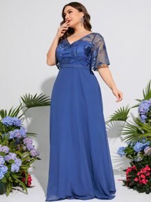 Plus Embroidery Mesh Butterfly Sleeve Bridesmaid Dress - Dusty Blue - View 5