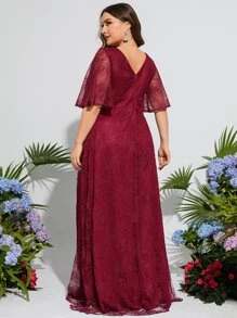 大碼蝴蝶袖蕾絲伴娘連衣裙 - 酒紅色 - 查看 2