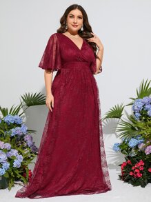 大碼蝴蝶袖蕾絲伴娘連衣裙 - 酒紅色 - 查看 4