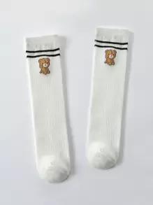 2/1 双儿童中筒袜，儿童运动袜，网眼直筒，儿童中筒袜，男孩，女孩，黑色，白色，纯色，卡通熊图案，条纹，休闲，时尚，可爱，适合日常穿着，校服，可搭配休闲鞋，运动鞋，返校季，学生，新学期 - 彩色 - 查看 2