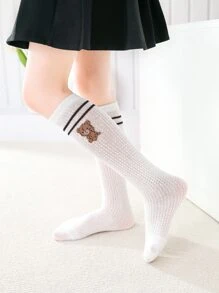 2/1 双儿童中筒袜，儿童运动袜，网眼直筒，儿童中筒袜，男孩，女孩，黑色，白色，纯色，卡通熊图案，条纹，休闲，时尚，可爱，适合日常穿着，校服，可搭配休闲鞋，运动鞋，返校季，学生，新学期 - 彩色 - 查看 3