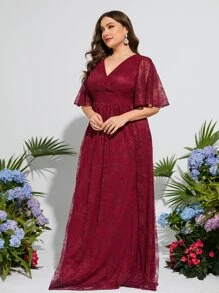 大碼蝴蝶袖蕾絲伴娘連衣裙 - 酒紅色 - 查看 5