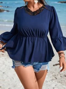 SHEIN LUNE Plus Contrast Lace Flounce Sleeve Peplum Blouse - Navy Blue - View 1