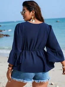 SHEIN LUNE Plus Contrast Lace Flounce Sleeve Peplum Blouse - Navy Blue - View 2