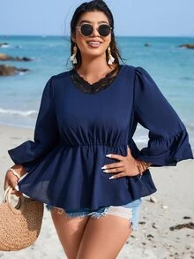 SHEIN LUNE Plus Contrast Lace Flounce Sleeve Peplum Blouse - Navy Blue - View 4