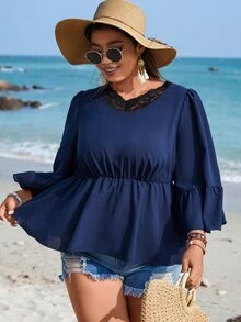 SHEIN LUNE Plus Contrast Lace Flounce Sleeve Peplum Blouse - Navy Blue - View 5